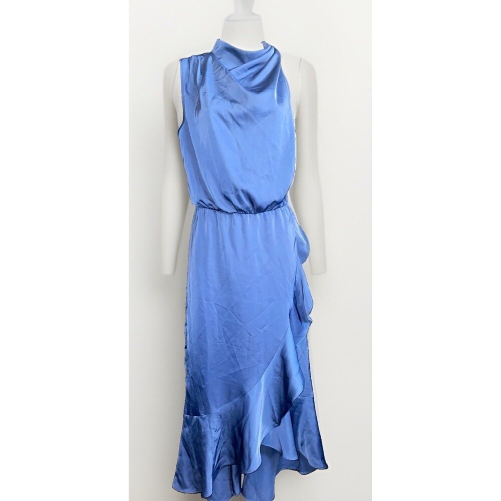 KIRUNDO Navy Satin Cowl Neck Dress L Sleeveless Ruffle Hem Wedding Guest Formal